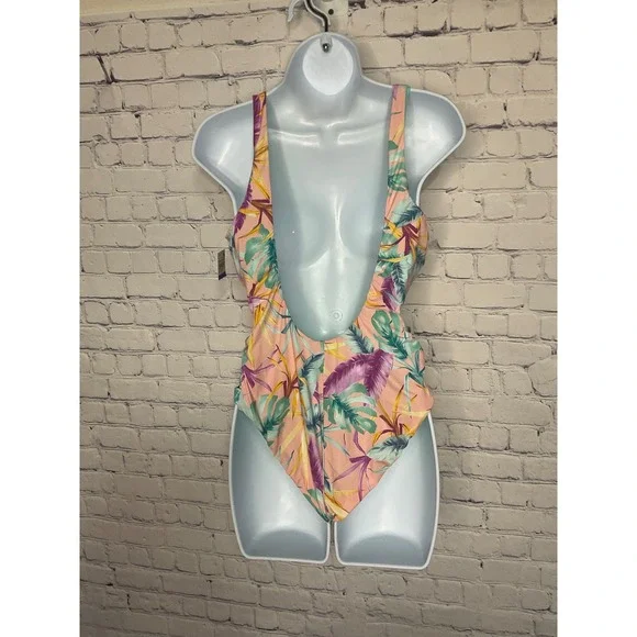 Bar III Women's XL Plunge Lace-Up Tropical Print One Piece Swimsuit NWT - Picture 3 of 5